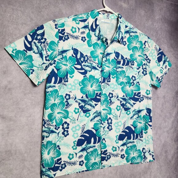 Columbia PFG Shirt Mens Large Floral Hawaiian Fishing Vented Short Sleeve Blue - Picture 2 of 15